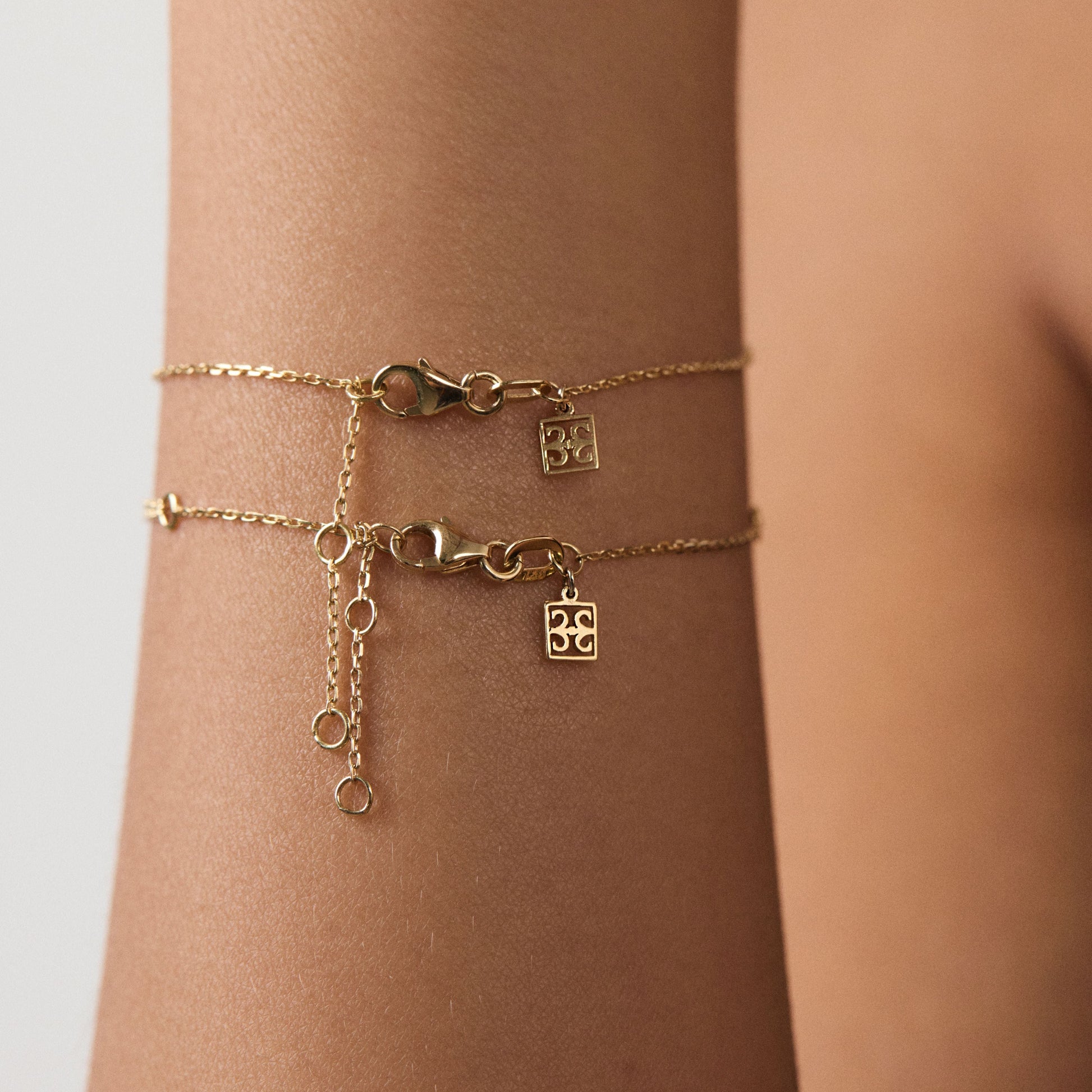 Gold bracelet with charms on a wrist against a neutral background